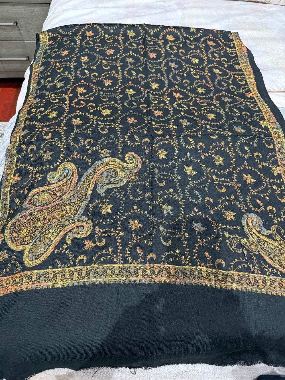 Black and navy pashmina shawls with Paisley and Floral Embroidery.